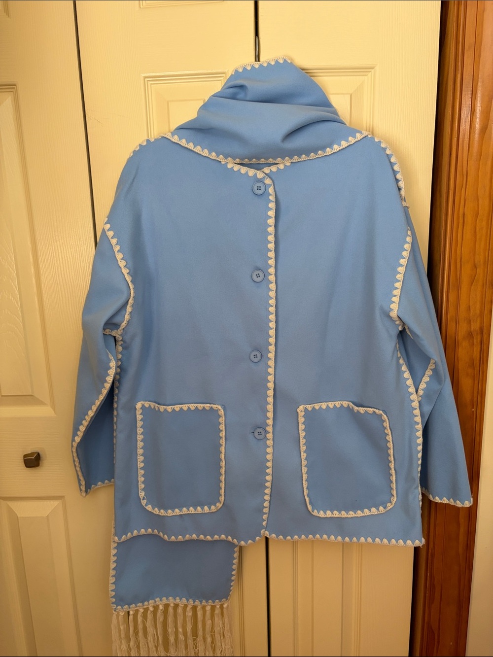 Light Blue Cozy Button-Front Women's Coat with Contrast Trim/ Scarf